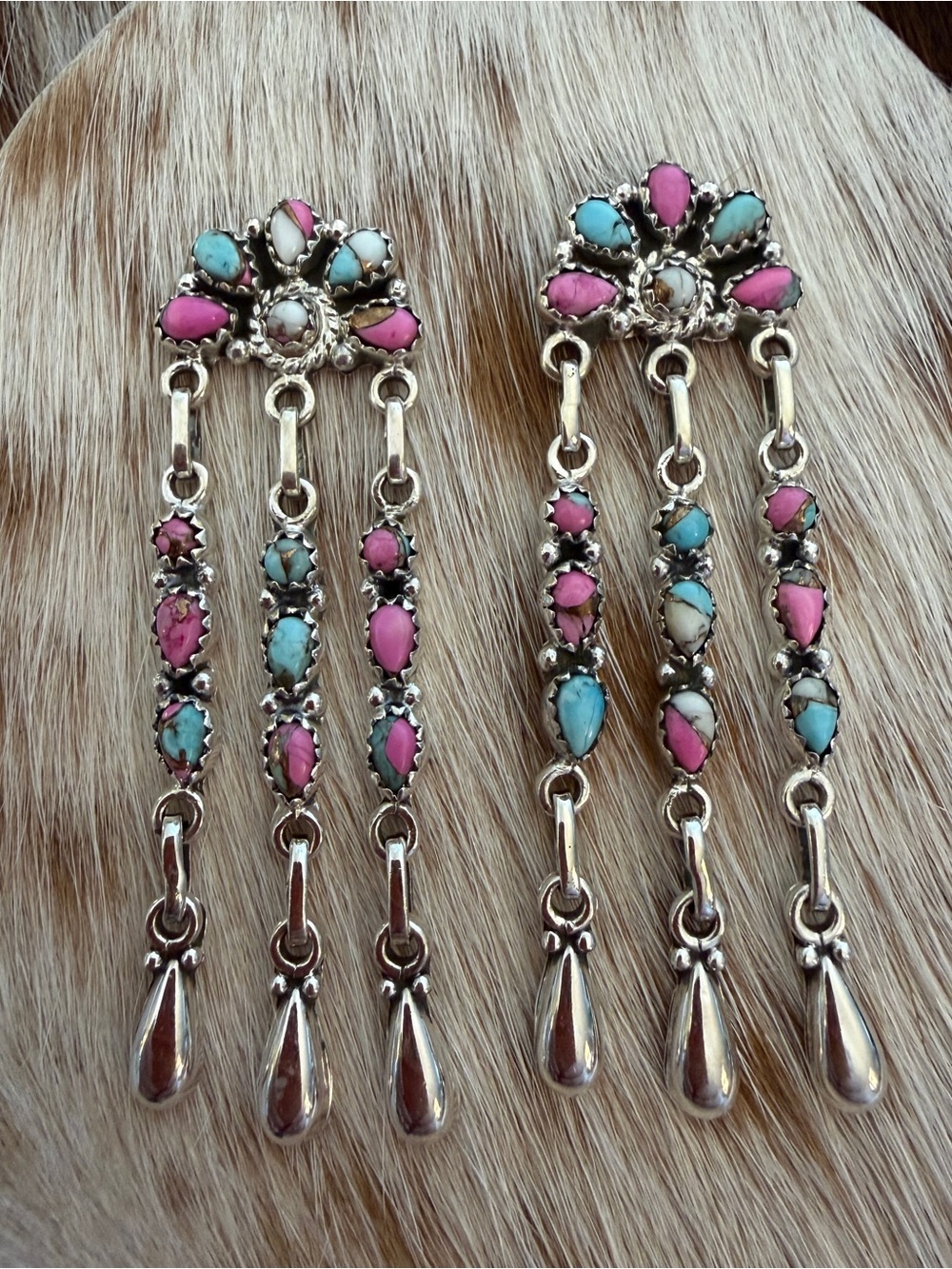 ❤️Cotton Candy Turquoise Waterfall Sterling 925 Statement Dangle Earrings 2.31”L